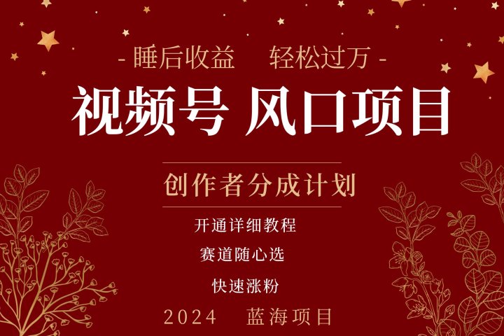 拥有睡眠收益的微信视频号大风口项目，轻松月入过万+，多赛道选择，可矩阵，玩法简单轻松上手网创吧-网创项目资源站-副业项目-创业项目-搞钱项目网创吧