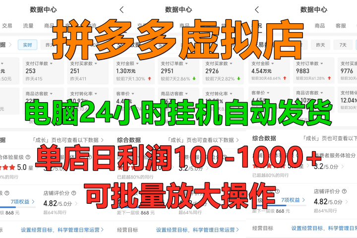 拼多多虚拟店，24小时挂机发货，单店日入100-1000+，可批量放大操作，新手首选项目。网创吧-网创项目资源站-副业项目-创业项目-搞钱项目网创吧